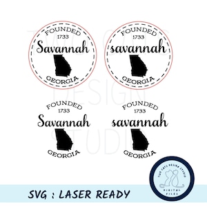 May include: Four black and white SVG designs of a circle with the text "Founded 1733 Savannah Georgia" and an outline of the state of Georgia. The text is in a cursive font. The circle has a red dashed line around it.