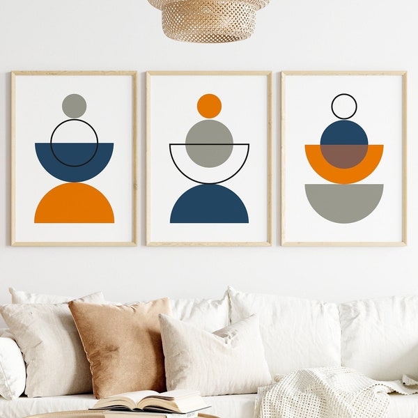 Boho abstract wall art Set of 3 in Orange, Blue and Grey | Artful digital download wall art | Orange and Blue wall print | Trendy poster art