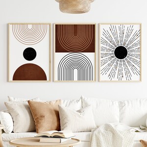 Boho print set of 3, Neutral modern wall art, Digital download, Boho art prints, Rich brown sun and rainbow printable, Abstract art