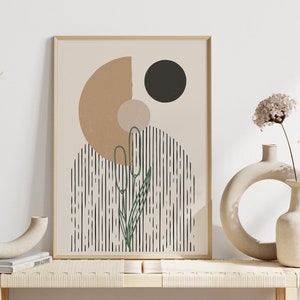Abstract modern boho print, Mid century print, Neutral floral wall art, Digital download, Minimalist decor, Beige and brown print, Eclectic