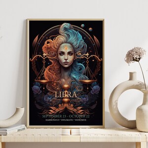 Sternzeichen Waage Print, Astrologie, Sternzeichen, Boho Dekor, Celestial Print, Geschenk für Freund, Geburtstag, mystisch, Dark Decor, Libra Star Sign art