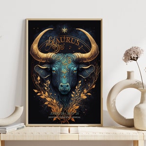 Sternzeichen Stier Print, Astrologie, Sternzeichen, Boho Dekor, Celestial Print, Geschenk für Freund, Geburtstag, mystisch, düster Dekor, Tarot Karte, Stier