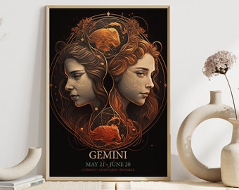 Zodiac Gemini Print, Astrology, Star Sign, Boho Decor, Celestial Print, Gift for friend, Birthday, Mystical, Dark Decor, Tarot Card, Gemini