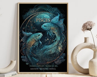 Zodiac Pisces Print, Astrology, Star Sign, Boho Decor, Celestial Print, Gift for friend, Birthday, Mystical, Dark Decor, Pisces wall art