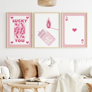 Trendy Retro Wall Art Set of 9 | Lucky You Poster Aesthetic Print | Trendy Pink Wall Art | Ace of Hearts art |  Perfect match | Digital Art