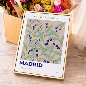 Madrid Flower Market Print: Blue & Green Botanical Art (Digital Download)
