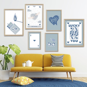Trendy Retro Wall Art Set of 9 | Lucky You Poster Aesthetic Print | Trendy Blue Wall Art | Ace of Hearts art |  Perfect match | Digital Art
