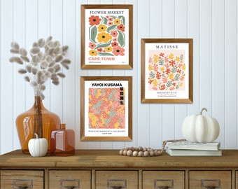 Colorful wall art set of 3 | Flower Market print | Matisse Poster | Yayoi Kusama pattern |  Artful botanical modern art | Digital download