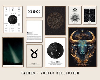 Set of 10 Zodiac Taurus Prints, Astrology star sign, Vintage Celestial Prints, couples birthday gifts, Mystical wall art, Earth zodiac sign