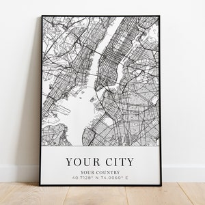 Aangepaste stadsplattegrond, aangepaste kaartposter, elke stad of gemeente, gepersonaliseerde kaart, grote kaart, aangepaste stad, digitale downloadkunst, kunst aan de muur, minimalistisch