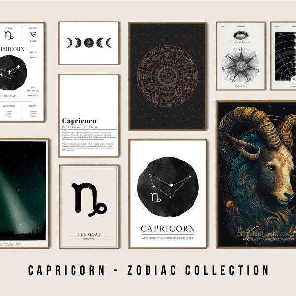 Set of 10 Zodiac Capricorn Prints, Astrology star sign, Vintage Celestial Prints, Birthday gifts, Mystical wall art, Earth zodiac sign