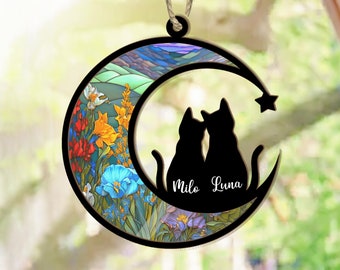 Personalized Couple Cat Suncatcher, Custom Cat Memorial Suncatcher, Cat Loss Gift, Pet Loss Sympathy Gift, Cat Memorial Gift