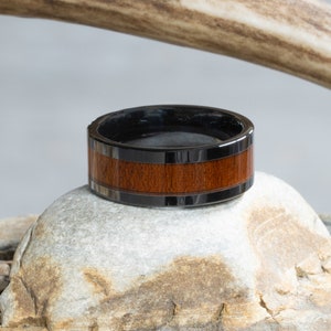 Hawaiian Koa Wood Ring, Black Ceramic, 9mm Comfort Fit Wedding Band
