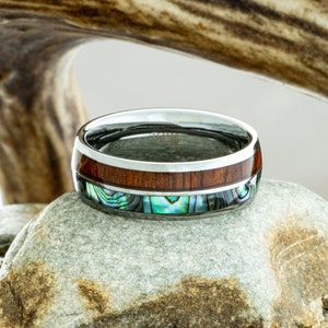 Men's Tungsten Koa Wood Ring, Abalone Inlay, 8mm Comfort Fit Wedding Band