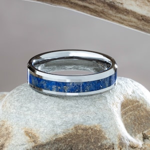 Tungsten Ring with Blue Lapis Lazuli Inlay, 6mm Comfort Fit Wedding Band