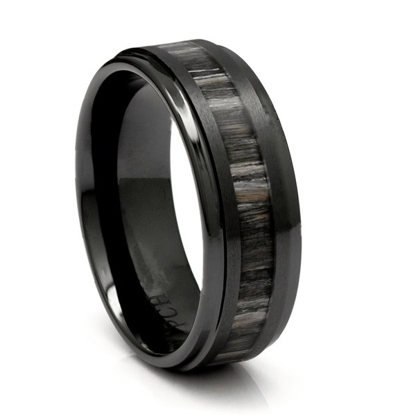 Black Ceramic Wood Ring with Zebra Wood Inlay, 8mm Comfort Fit Wedding Band