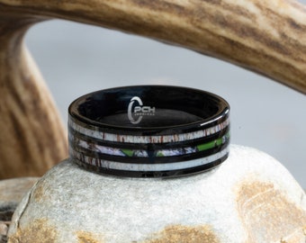 Black Tungsten Deer Antler and Camo Ring, 8mm Comfort Fit Wedding Band