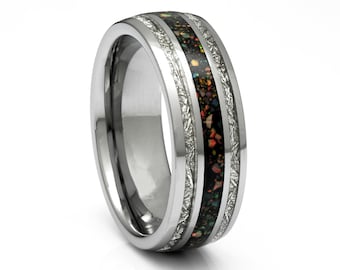 Tungsten Ring with Opal and Meteorite Inlay, 8mm Comfort Fit Wedding Band