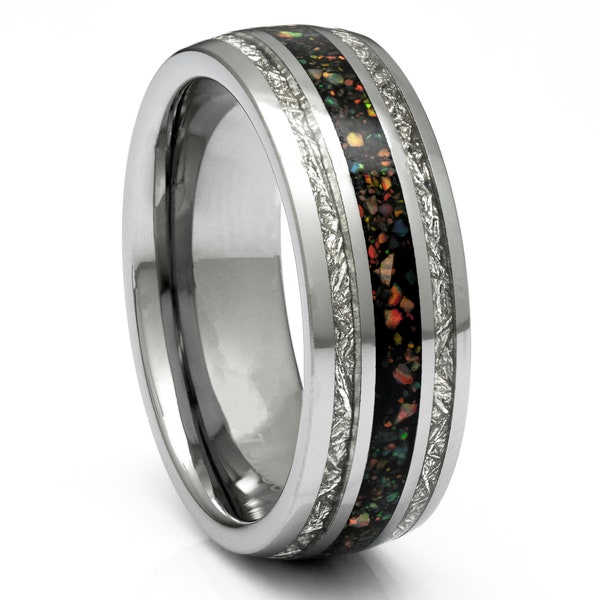 Tungsten Ring with Opal and Meteorite Inlay, 8mm Comfort Fit Wedding Band