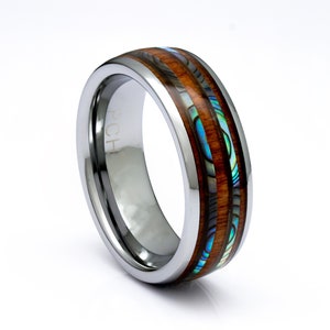 Tungsten Ring with Hawaiian Koa Wood and Abalone Inlay, 8mm Comfort Fit Wedding Band