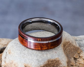Hawaiian Koa Wood Ring, Tungsten Carbide 8mm Comfort Fit Wedding Band