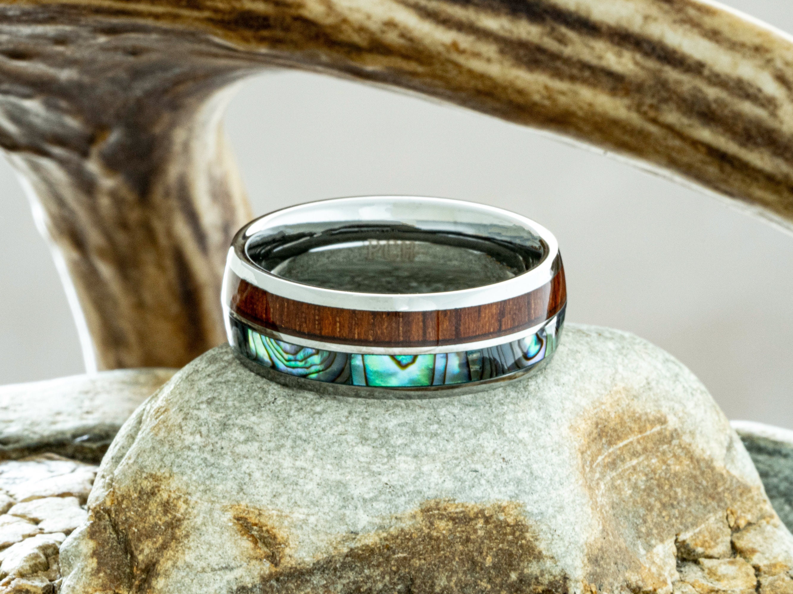 PCH Jewelers Titanium Ring With Hawaiian Koa Wood & Abalone Inlay - 6mm Comfort Fit Band, Sizes 5-13