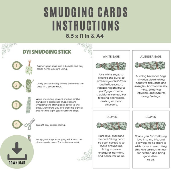 Smudging Information Cards | Smudge Stick Printables | Smudging Card Printable | Printable Sage Meaning Cards | Prayer Card