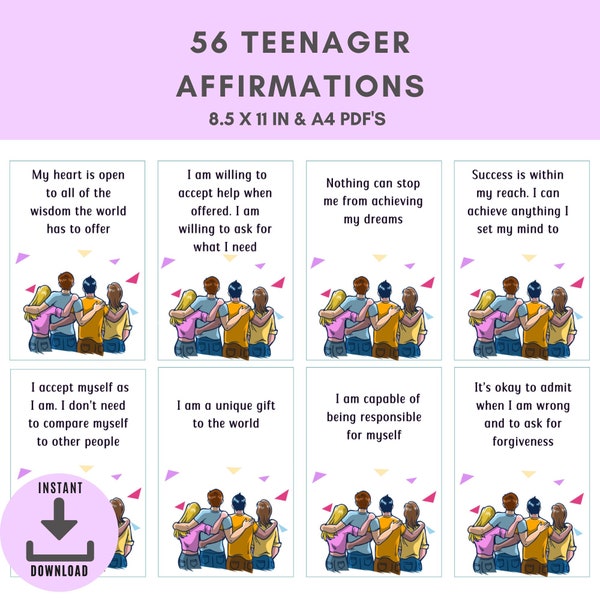 Teen Mental Health | Printable Cards | Positive Messages For Kids And Teens | Digital Download | Positive Affirmations For Teens