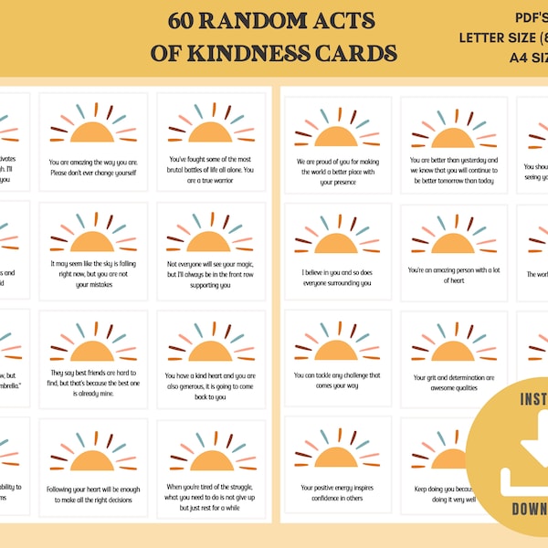Random Acts Of Kindness | Digital Download | Printable Kindness Cards | Kindness Activities | Positive Quotes | Lunch Box Notes