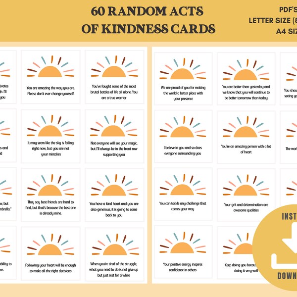 Random Acts Of Kindness | Digital Download | Printable Kindness Cards | Kindness Activities | Positive Quotes | Lunch Box Notes