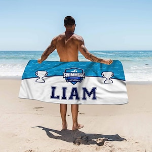 Personalized Name Swimming Beach Towel, Custom Swim Team Logo Bath Towel, Pool Towel, Sports Beach Towel Sport Gift, Swimming Player Gift