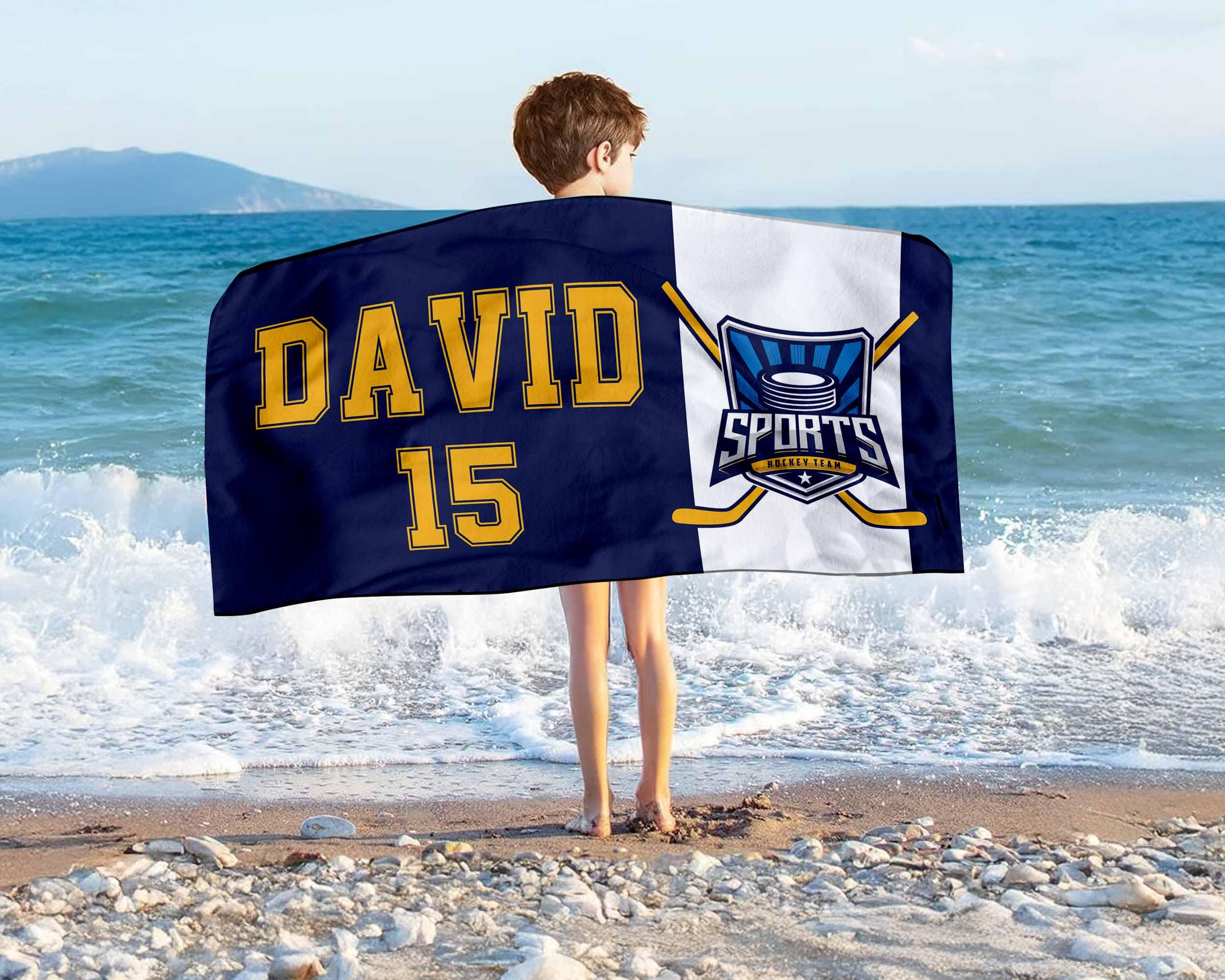Personalized Name Hockey Beach Towel, Custom Hockey Team Logo Bath Towel, Pool Towel, Sports Beach Towel, Sport Gift, Hockey Player Gift