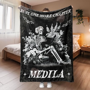 Custom Name Skeleton Reading Blanket, Book Lover Gift, Reading Gift, Bookish Gift, Gift For Readers, Gothic Home Decor, Halloween Decoration