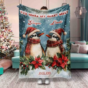 Personalized Penguin Wedding Blanket, You Make My Heart Melt Blanket, Vintage Penguin Couple Blanket, Custom Name Penguin Blanket