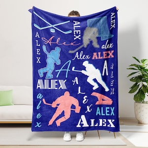 Personalized Hockey Blanket, Custom Hockey Throw Blankets, Gift for Son Dad Team, Hockey Blanket, Kids Hockey Blanket
