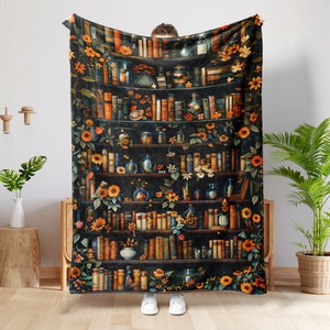 Vintage Floral Bookshelf Blanket, Book & Flower Blanket, Book Lover Gift, Best Friend Gift, Grandma Gift