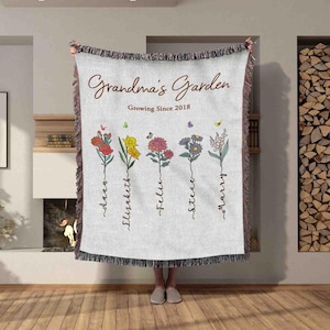 Personalized Grandma&#39;s Garden Woven Blanket, Custom Birth Flower Blanket, Nana&#39;s Blanket With Kids Names, Mother Day Grandma, Grandma Garden