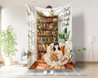 Just A Girl Who Loves Books Blanket, Custom Book Girl Blanket, Personalized Reading Blanket, Bookshelf Blanket, Reading Christmas Gift