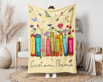 Personalized Name Book Blanket, Custom Book Title Throw, Floral Book Blanket, Garden Flower With Books Gift