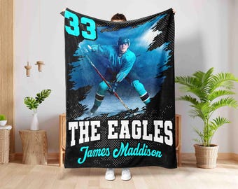 Personalized Hockey Player Photo Blanket, Custom Name & Number Hockey Throw Blankets, Hockey Blanket, Sport Blanket