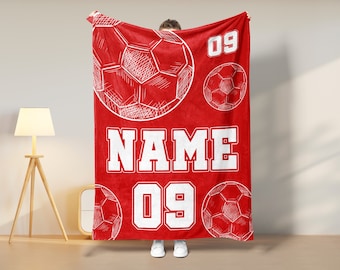 Personalized Soccer Player Blanket, Custom Name & Number Throw Blankets, Gift for Son Dad Team, Soccer Blanket, Kids Soccer Blanket