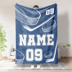 Personalized Hockey Player Blanket, Custom Name & Number Throw Blankets, Gift for Son Dad Team, Hockey Blanket, Kids Hockey Blanket