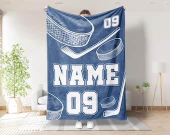 Personalized Hockey Player Blanket, Custom Name & Number Throw Blankets, Gift for Son Dad Team, Hockey Blanket, Kids Hockey Blanket
