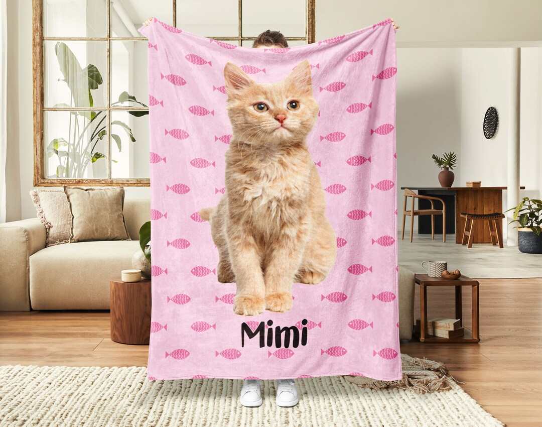 Personalized Picture Pet Blanket, Custom Cat Photo Blanket, Cat Name
