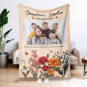 Custom Grandma&#39;s Garden With Grandkids Photo Blanket, Customized Birth Month Flower Blanket, Mothers Day Grandma, Gift For Nana