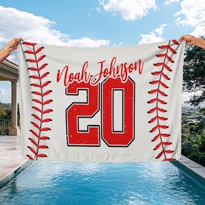 Personalized Baseball Beach Towel With Name & Number, Bath Towel, Pool Towel, Sports Beach Towel, Kids Sport Gift, Baseball Player Gift