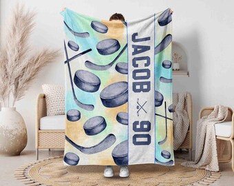 Personalized Ice Hockey Player Blanket, Custom Name & Number Hockey Throw Blankets, Hockey Blanket, Kids Hockey Blanket