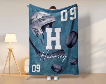 Personalized Ice Hockey Blanket, Custom Hockey Throw Blankets, Team Sport Gift, Kids Hockey Blanket, Sport Lover Gift