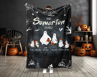 Personalized Halloween Ghost Family Blanket, Custom Family Portrait with Pets Bedding Decor, Family Portrait Throw, Halloween Blanket