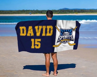Personalized Name Hockey Beach Towel, Custom Hockey Team Logo Bath Towel, Pool Towel, Sports Beach Towel, Sport Gift, Hockey Player Gift
